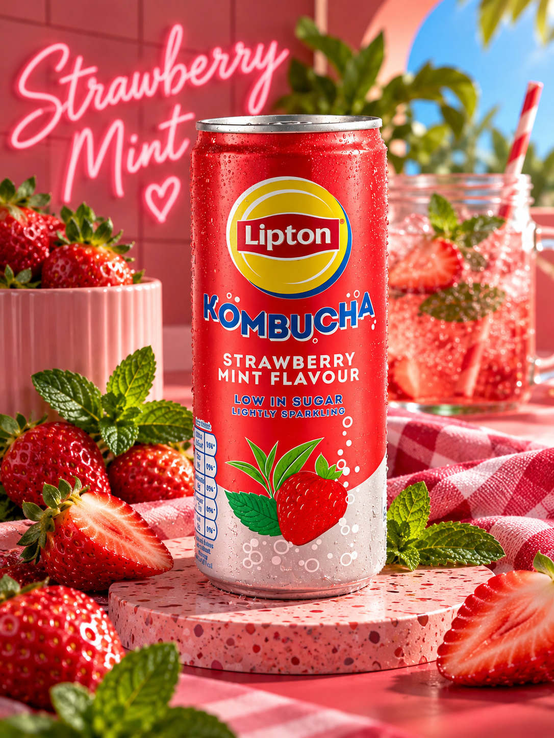 Lipton Kombucha Strawberry Mint 250ml Eper és Menta Ízű Kombucha Teaital