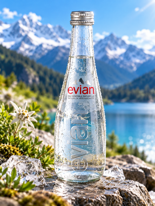 Evian Natural Mineral Water Glass Bottle 330ml Francia Szénsavmentes Természetes Ásványvíz Üvegpalackban