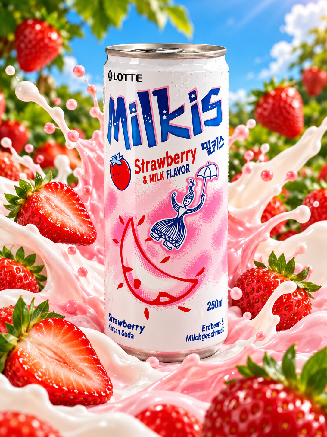 Lotte Milkis Soft Drink  Strawberry Eper ízű tejes szénsavas ital 250ml